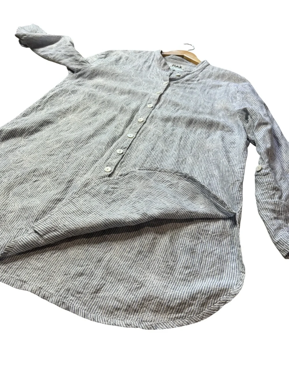 FLAX 100% Linen Button-Down Roll-Tab Floral Embroidered Tunic Shirt Dress size M